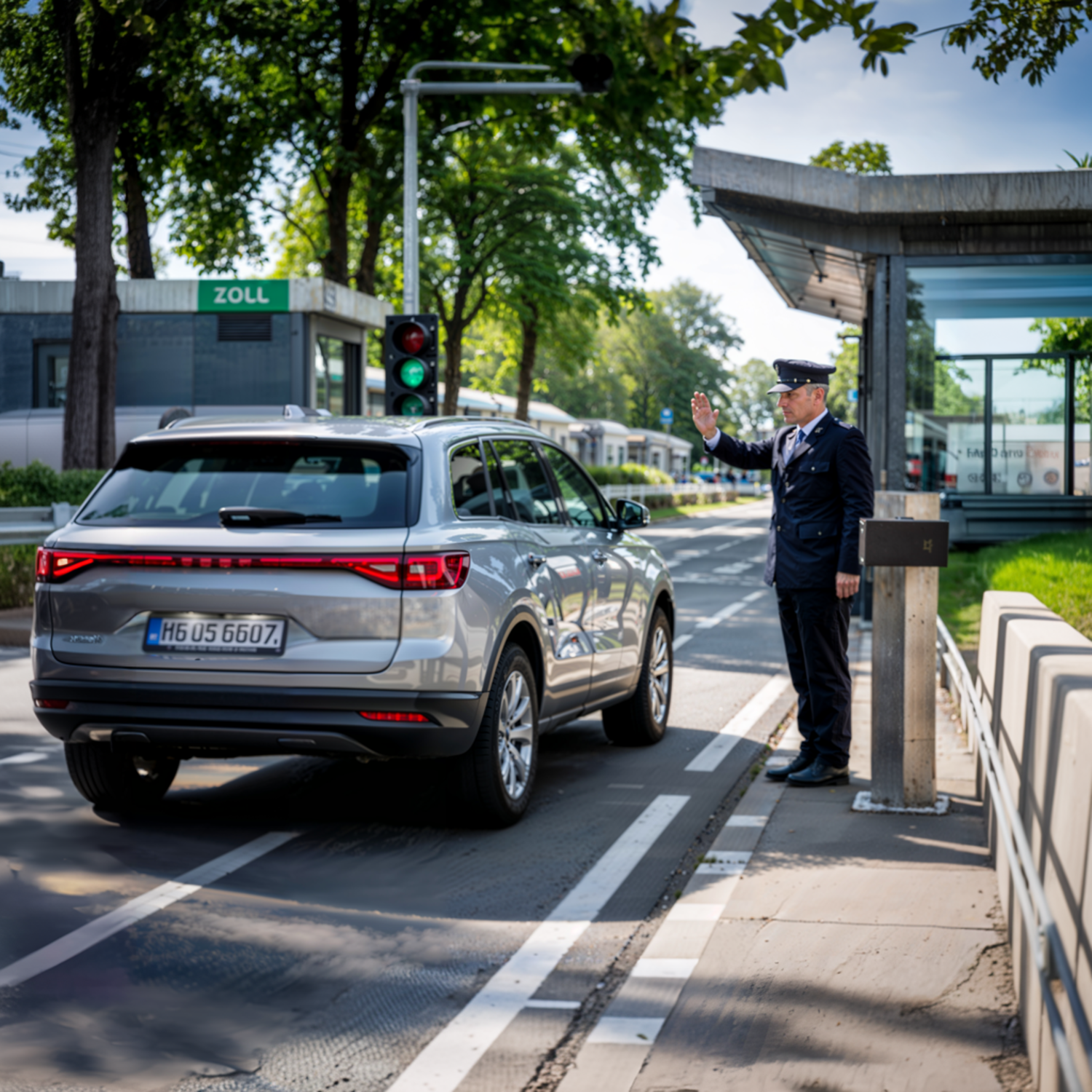 Silbernes SUV mit deutschem Kennzeichen wird von einem uniformierten Zollbeamten freundlich durch ein geöffnetes Zolltor gewunken - steht sinnbildlich für eine reibungslose und erfolgreiche Fahrzeugausfuhr.